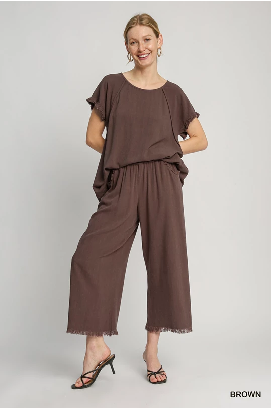 Umgee Brown Linen Wide Leg Pants