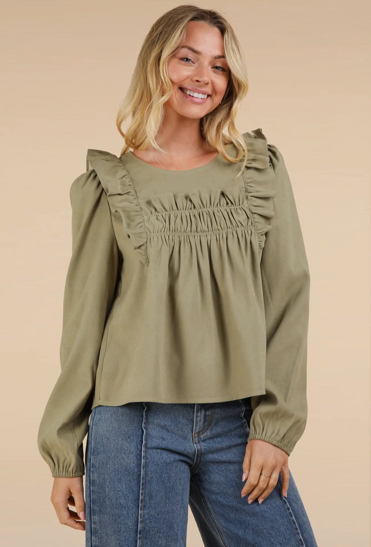 Sage Ruffle Shoulder Blouse Top