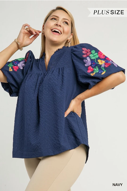 Umgee Navy Embroidery Sleeve Top