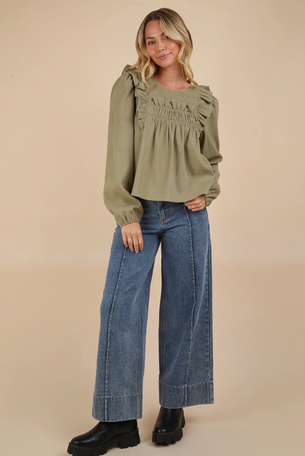 Sage Ruffle Shoulder Blouse Top