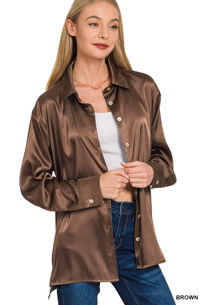 Brown Satin Button Down Shirts