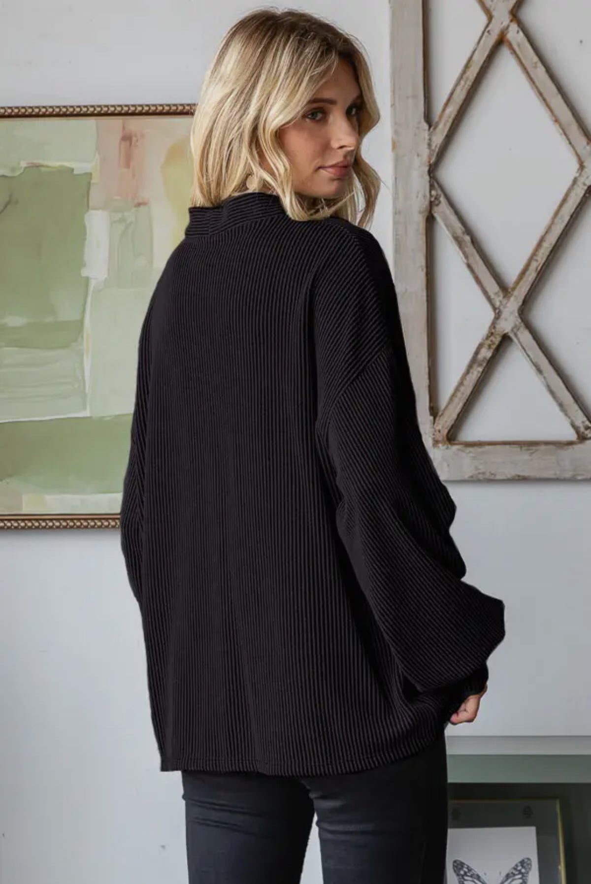 Black Rib Drop Shoulder Button Cardigan