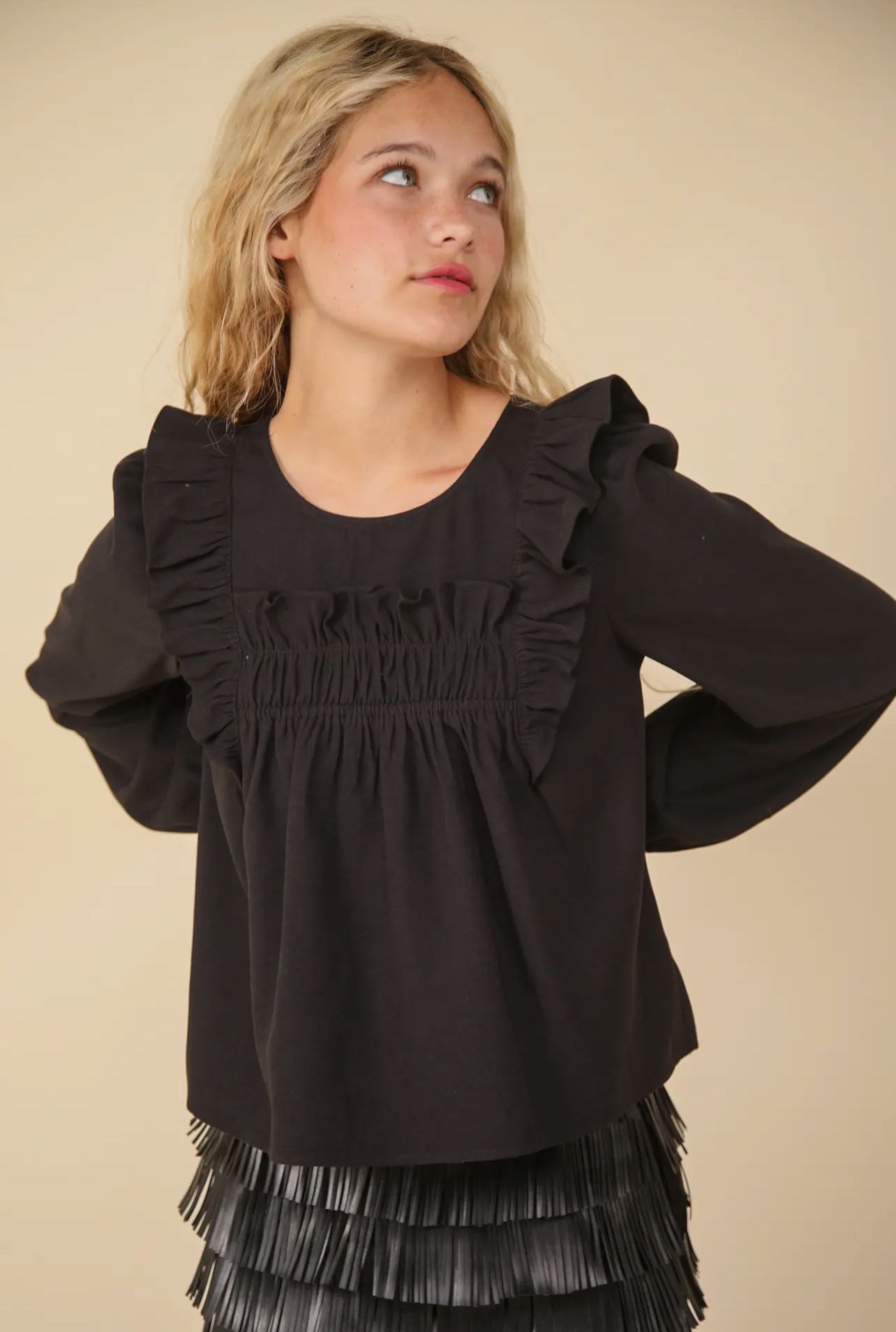 Black Ruffle Shoulder Blouse Top