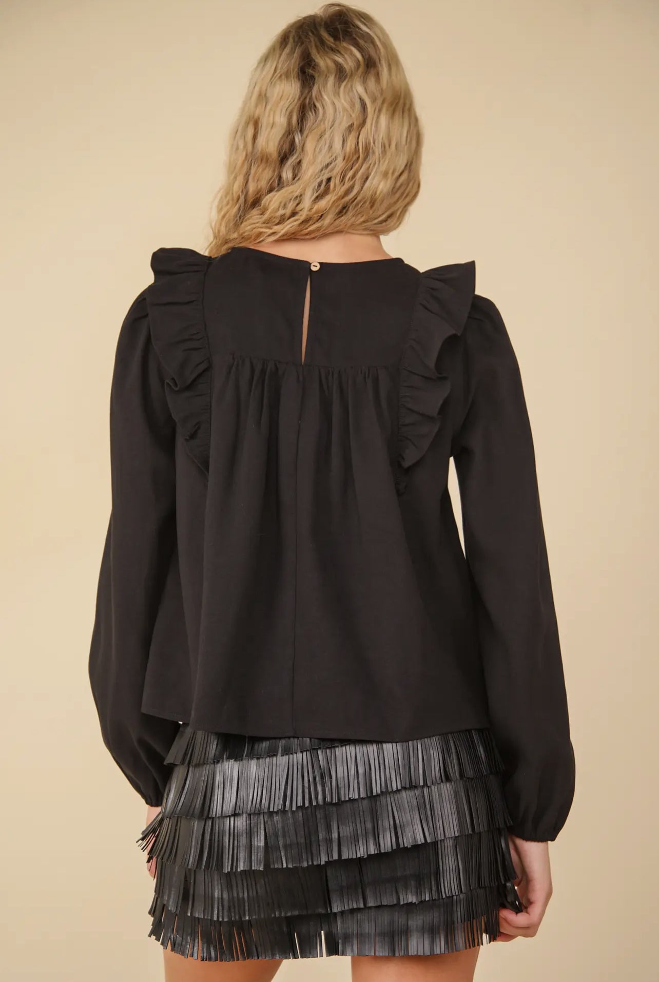 Black Ruffle Shoulder Blouse Top
