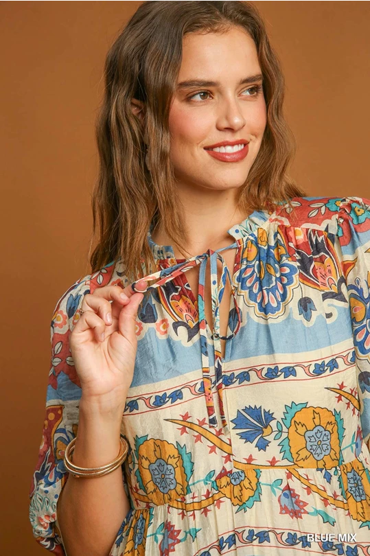 Umgee Blue Mix Border Print Midi Dress
