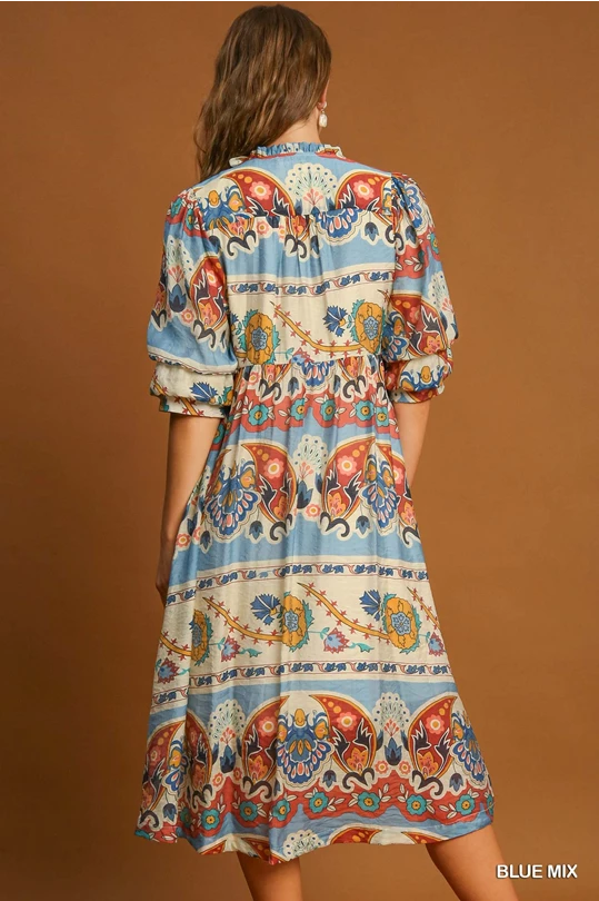 Umgee Blue Mix Border Print Midi Dress