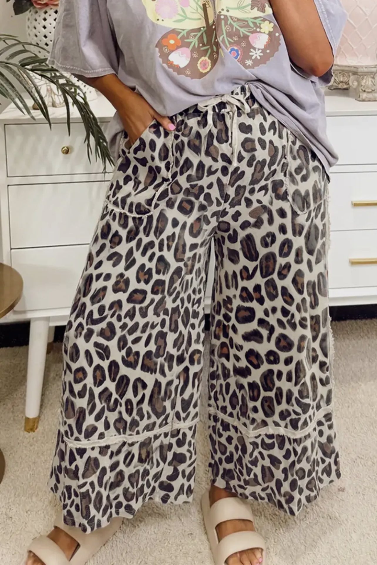 Fall Khaki Leopard Wide Leg Cropped Pants