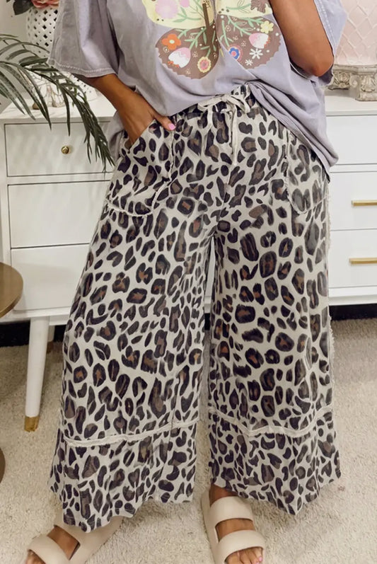 Fall Khaki Leopard Wide Leg Cropped Pants