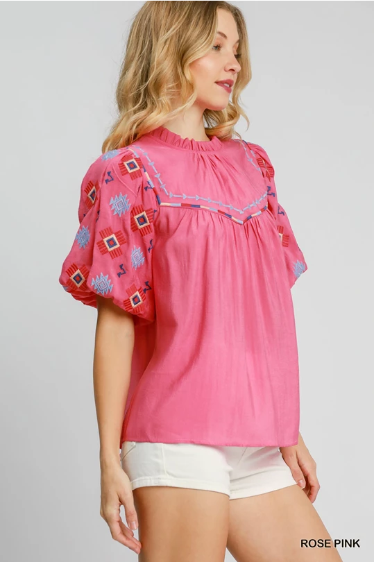 Umgee Rose Pink Embroidered High Neck Top