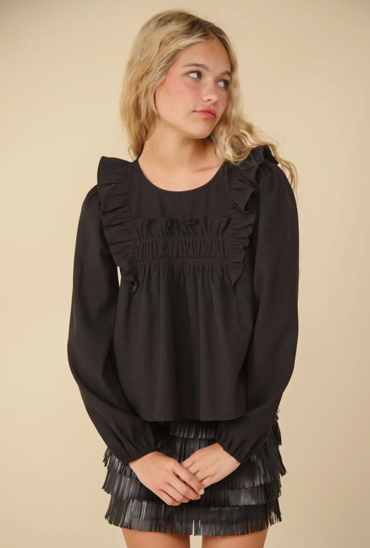 Black Ruffle Shoulder Blouse Top