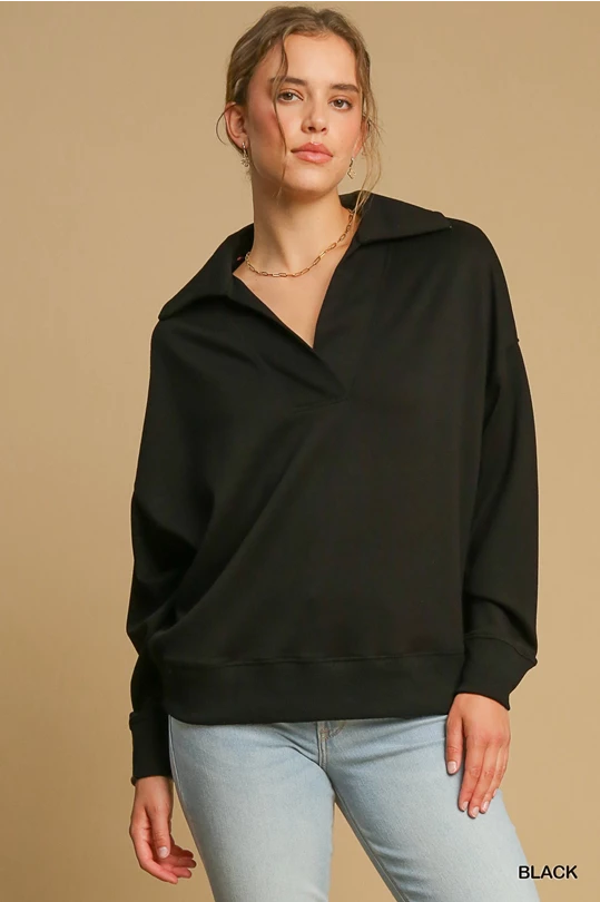 Umgee Black Luxeknit Collared Neck Top