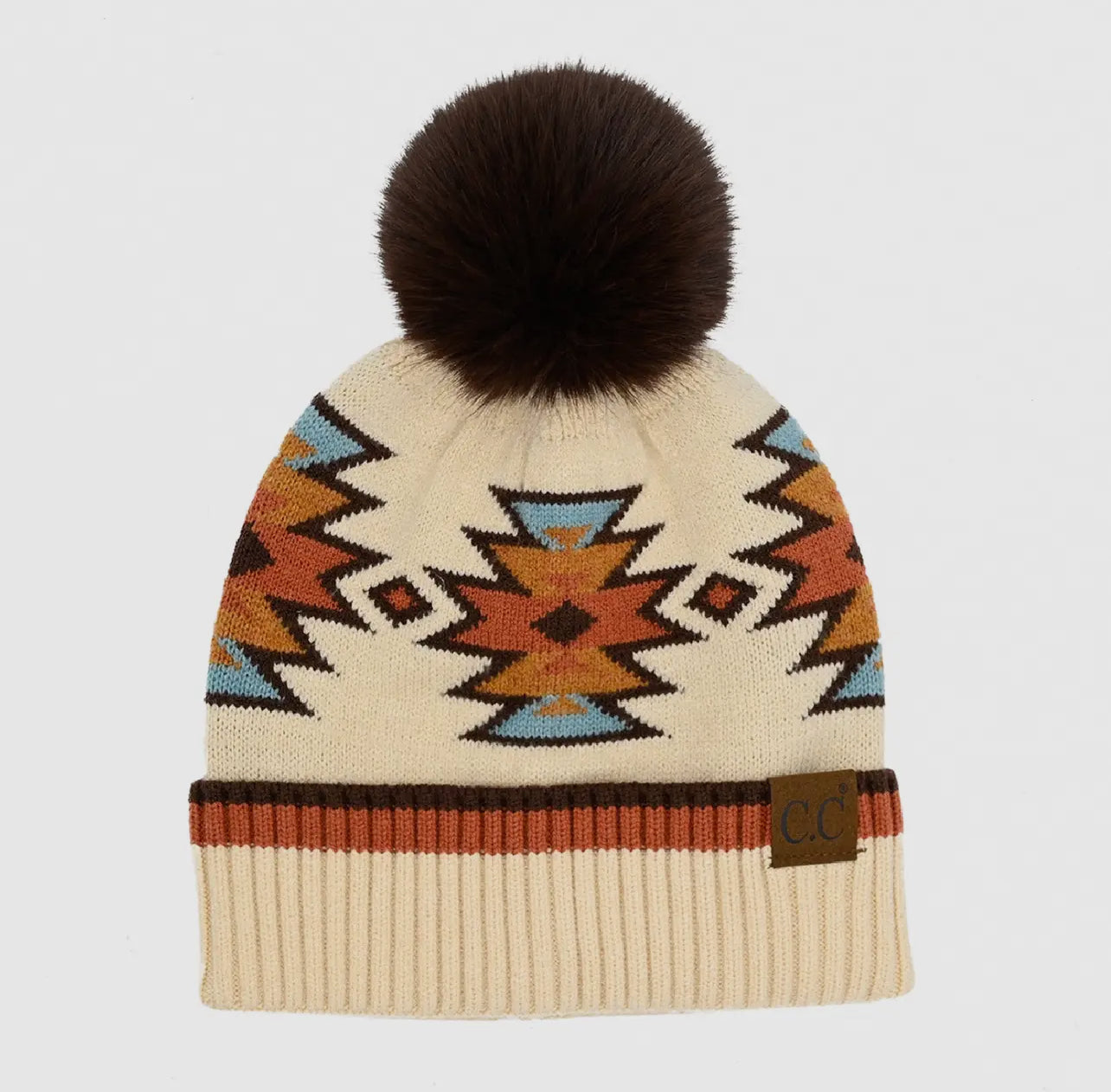 CC Beige South Western Fur Pom Beanie