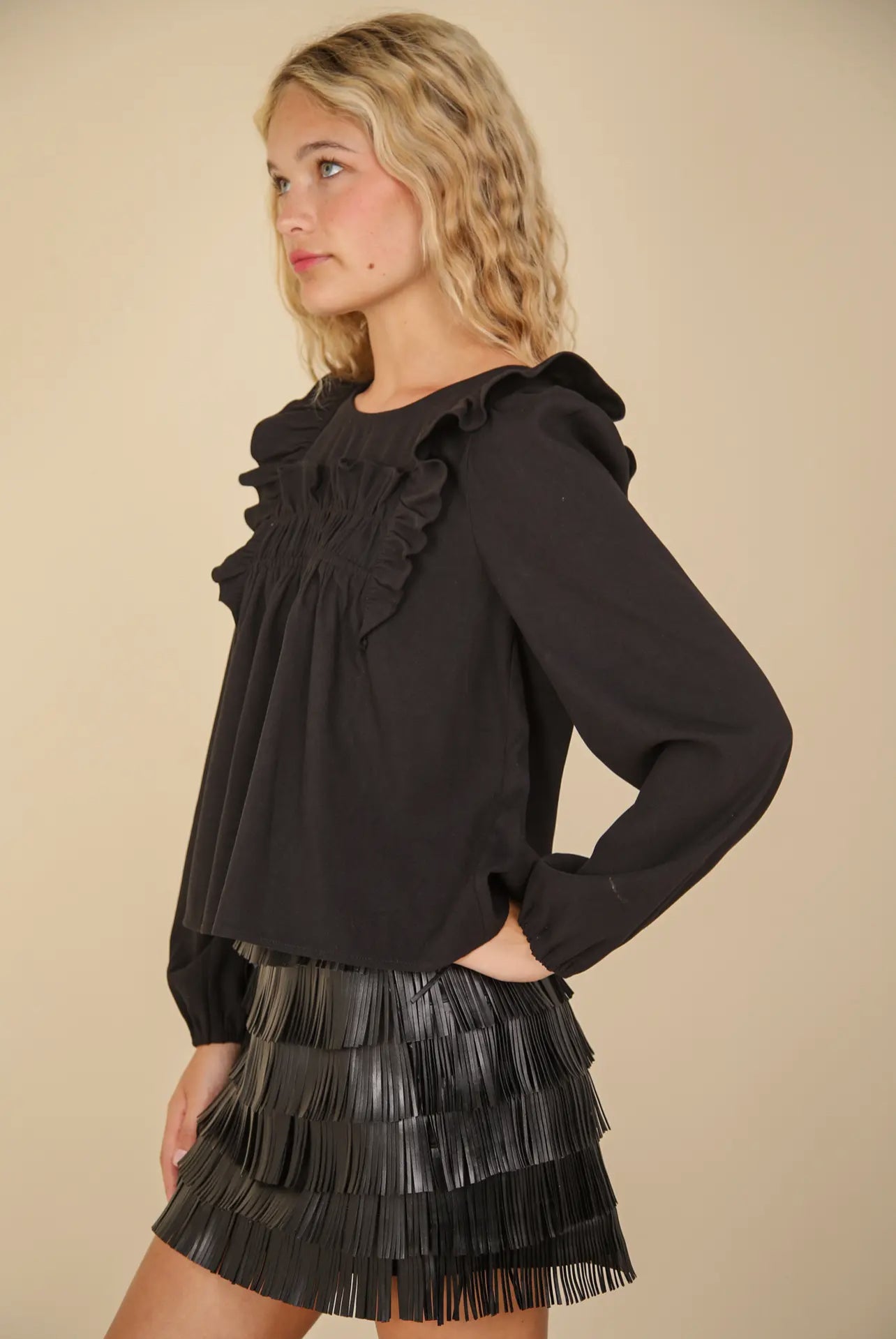 Black Ruffle Shoulder Blouse Top