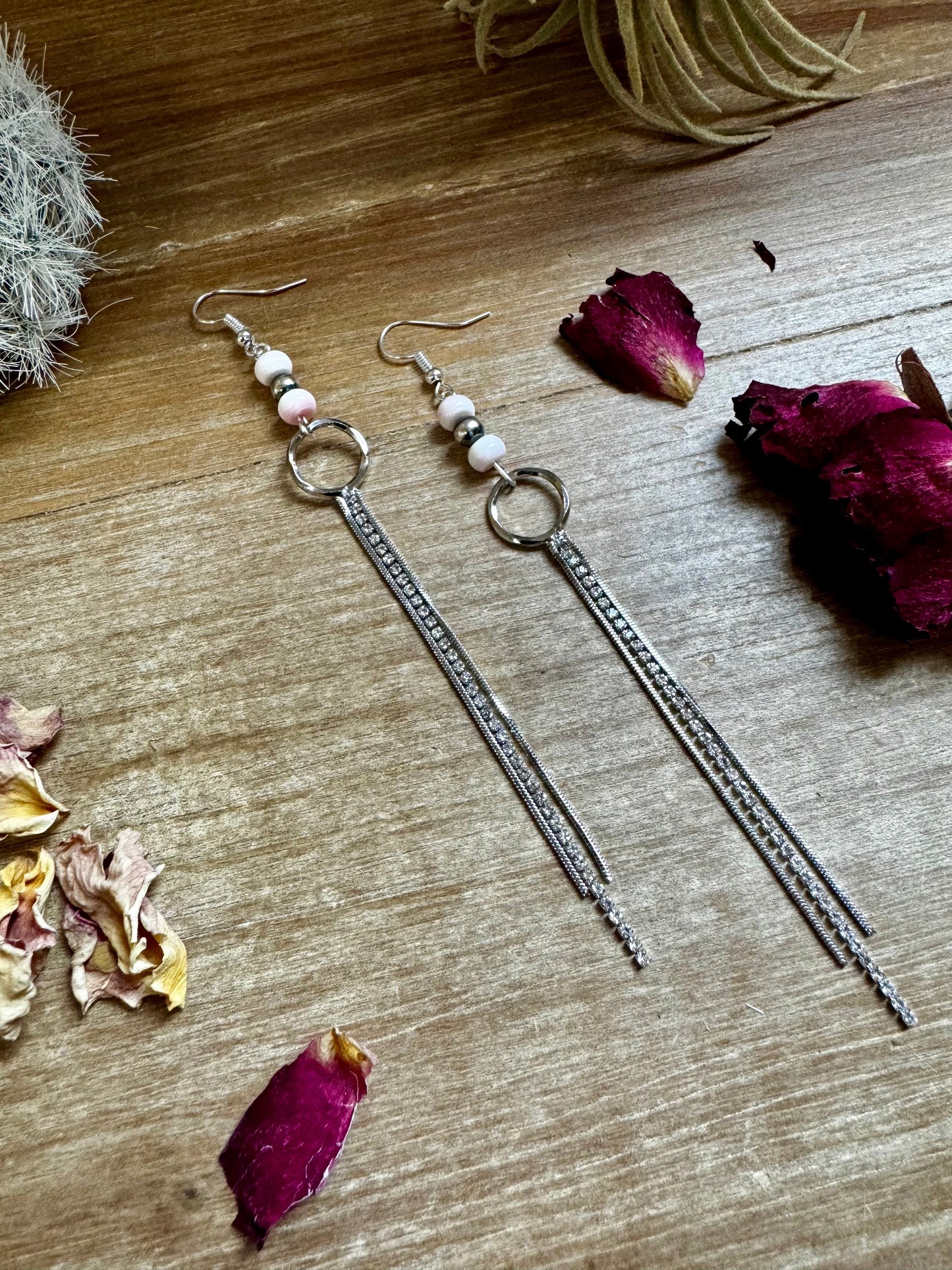 Chic dangle earrings with pink conch & sterling silver pearls