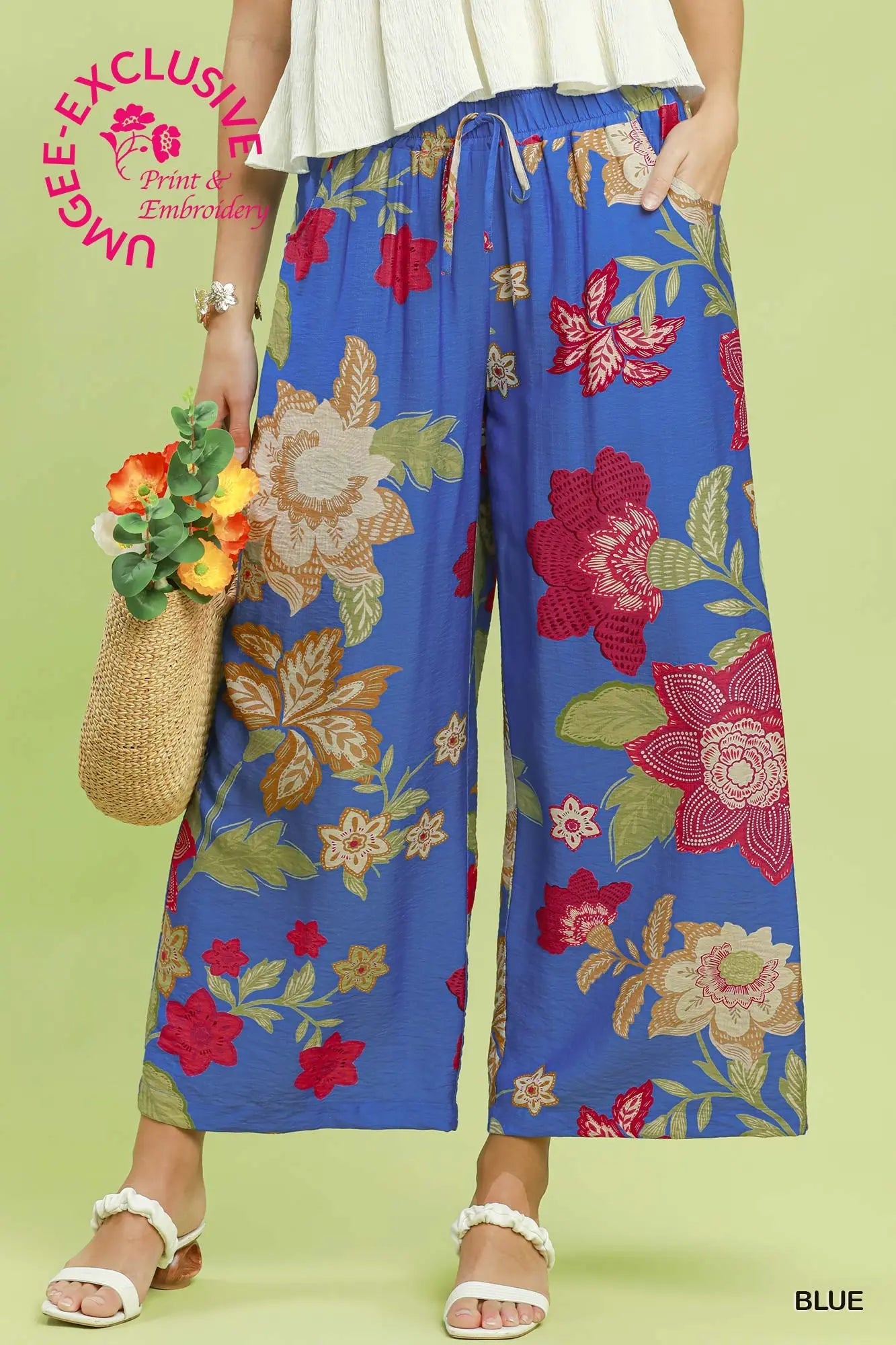Umgee Floral Wide Leg Crop Pant