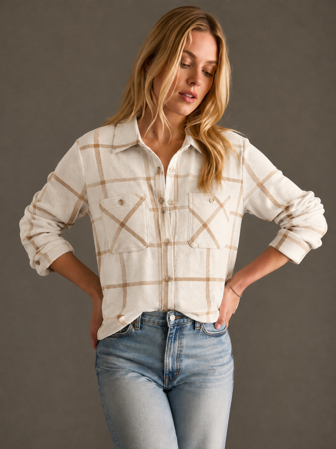 P Cream & Tan Plaid Top