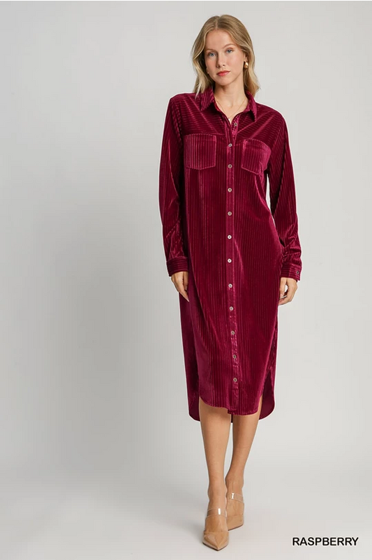 Umgee Raspberry Stripe Button Down Midi Dress