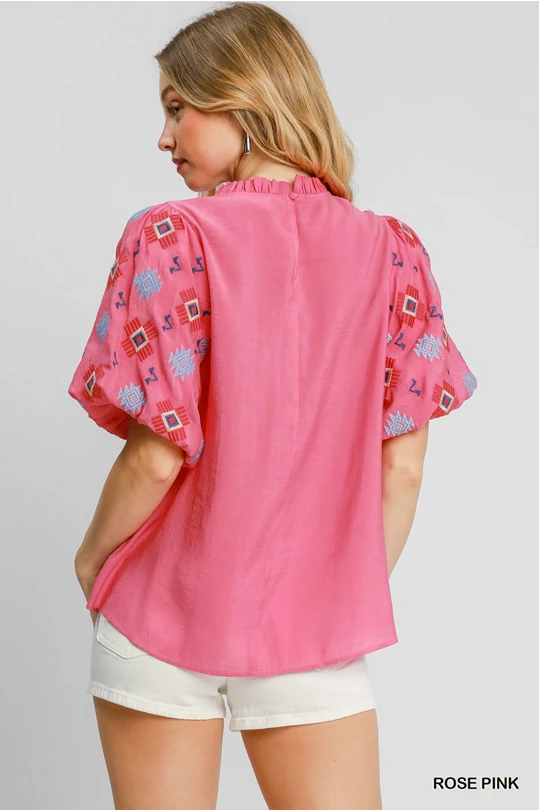 Umgee Rose Pink Embroidered High Neck Top