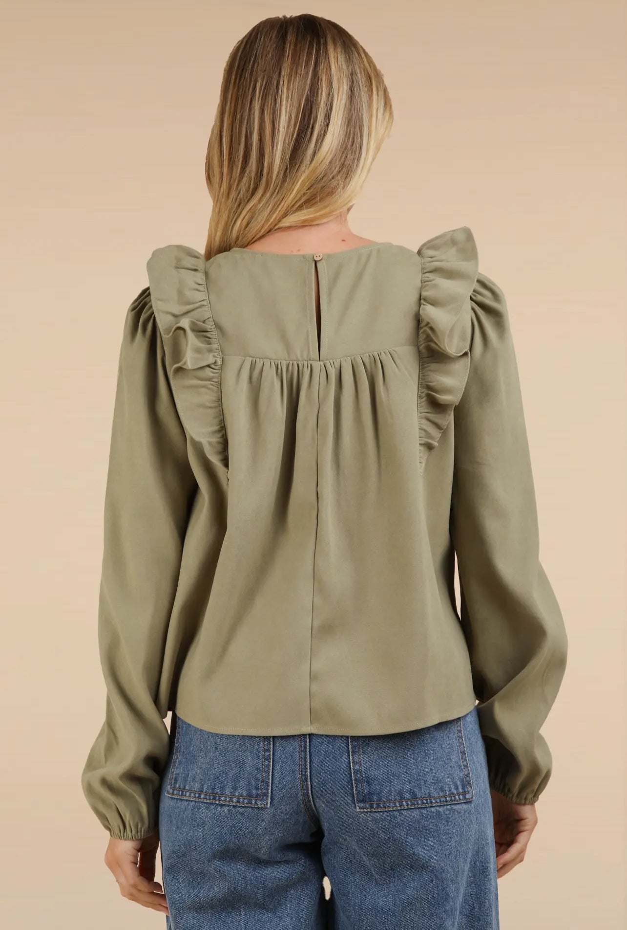 Sage Ruffle Shoulder Blouse Top