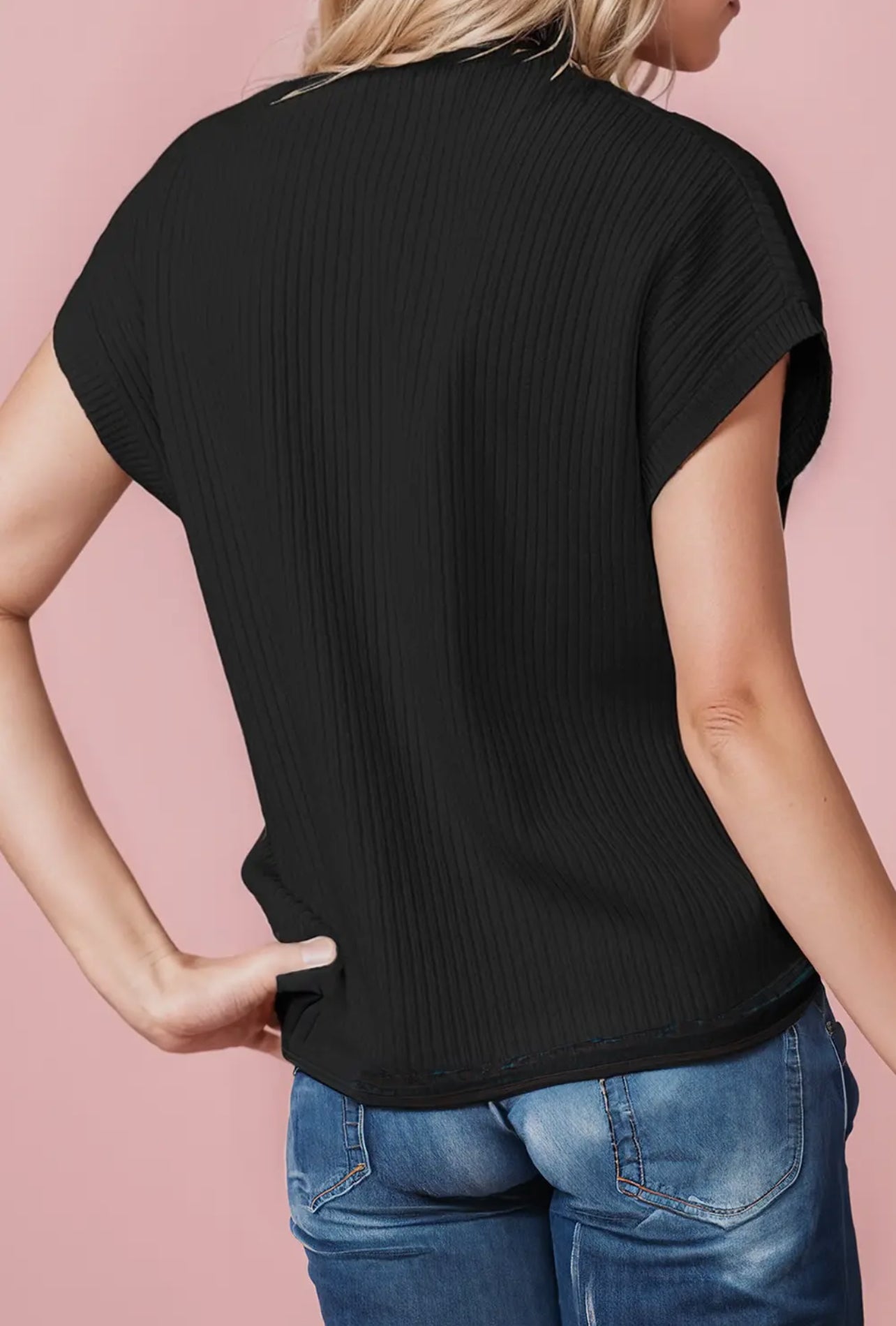 Black Patch Pocket Ribbed Knit Short Sleeve Sweater