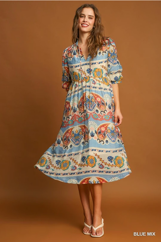 Umgee Blue Mix Border Print Midi Dress