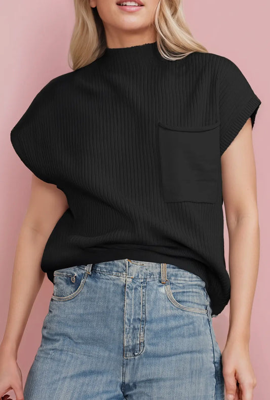 Black Patch Pocket Ribbed Knit Short Sleeve Sweater