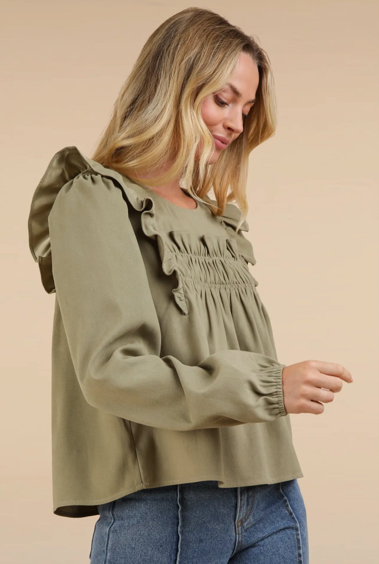 Sage Ruffle Shoulder Blouse Top