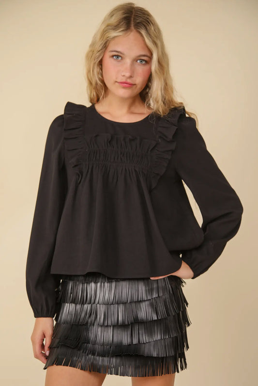 Black Ruffle Shoulder Blouse Top