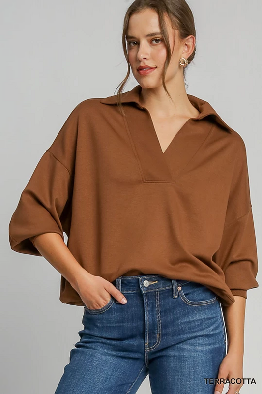 Umgee Terracotta Luxeknit Collared Neck Top
