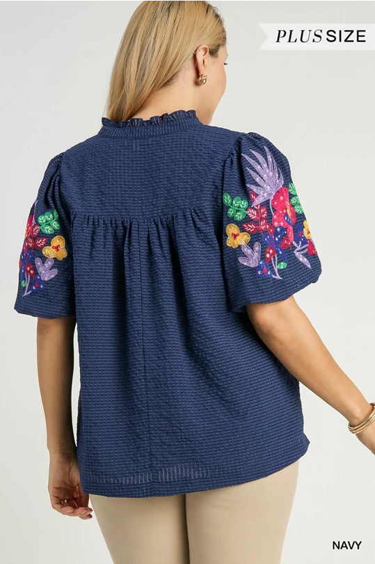 Umgee Navy Embroidery Sleeve Top