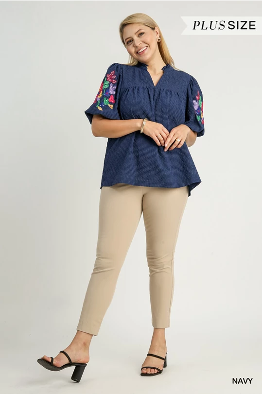 Umgee Navy Embroidery Sleeve Top