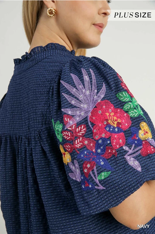 Umgee Navy Embroidery Sleeve Top
