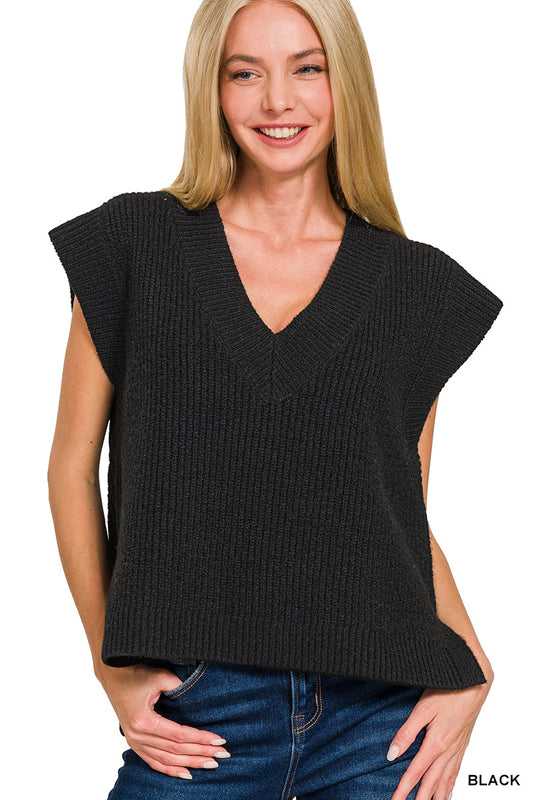 Black Oversize Sweater Vest with Side Slit