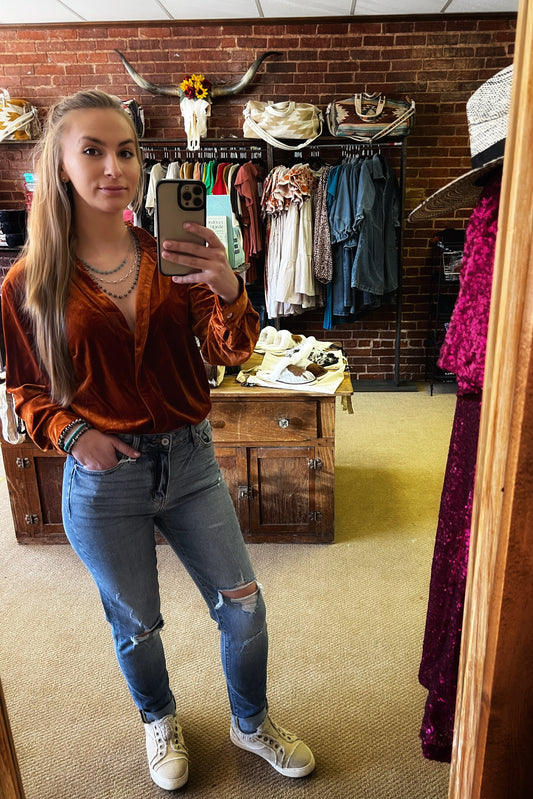 Burnt Orange Frilled Collar Velvet Shirt