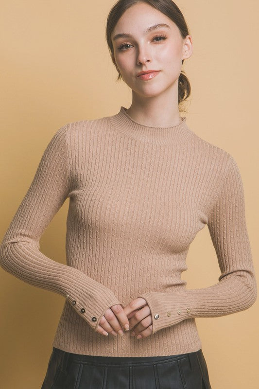 Khaki Fitted Ribbed Knit Sweater