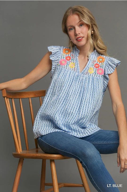 Umgee Blue Embroidery Split Neck Top