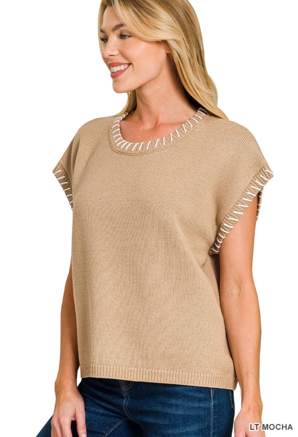Light Mocha Stitch Detailed Oversized Sweater Vest