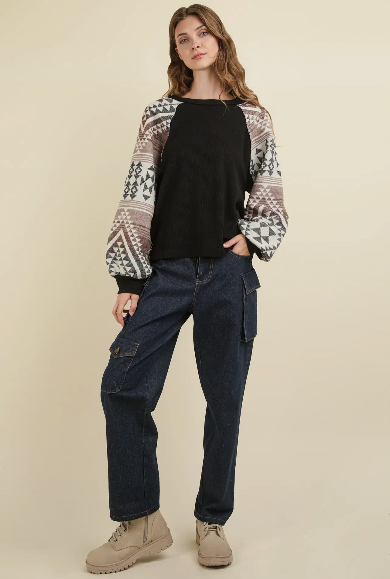 Aztec Printed Sleeve Knit Top