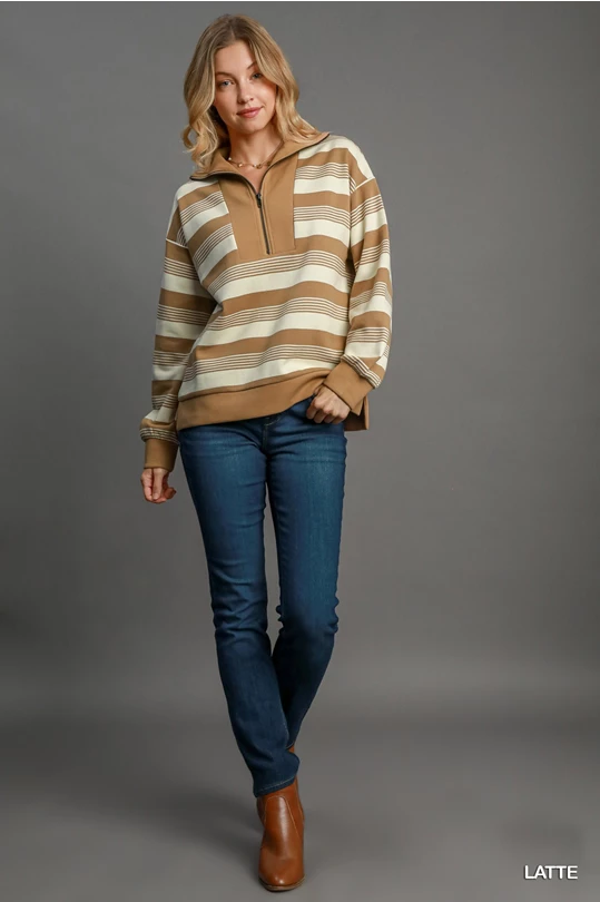 Umgee Latte Knit Half Zip Top