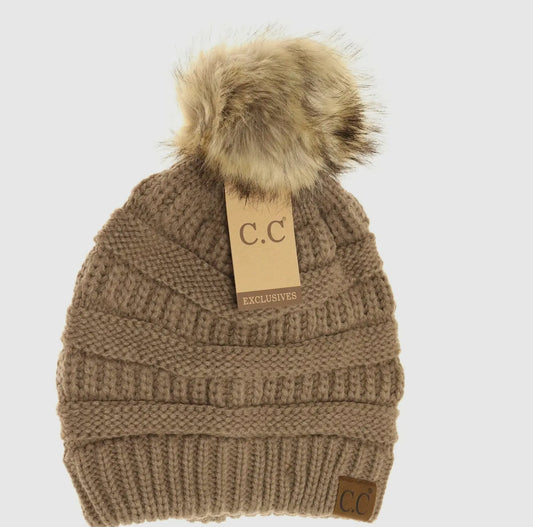 Fur Pom C.C Taupe Beanie