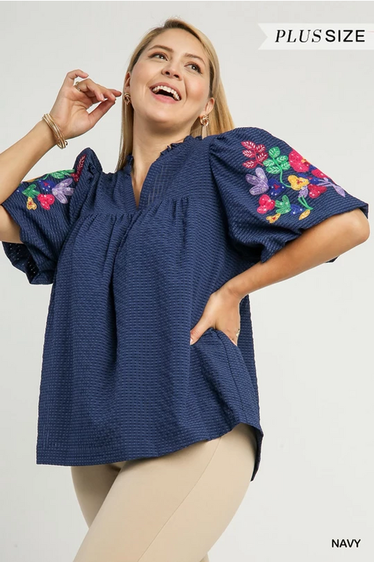 Umgee Navy  Embroidery Sleeve Top