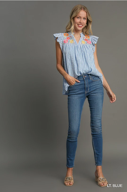 Umgee Blue Embroidery Split Neck Top