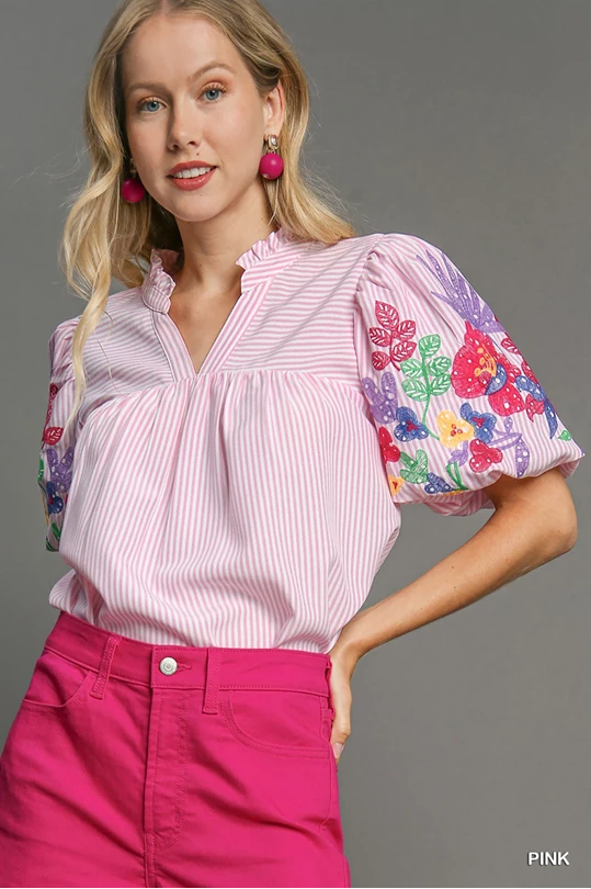 Umgee Embroidery Pink Stripe Pleated Top