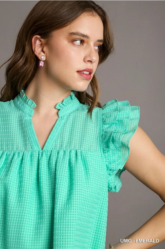 Umgee Emerald Organza Layered Ruffle Sleeve Split Neck Top