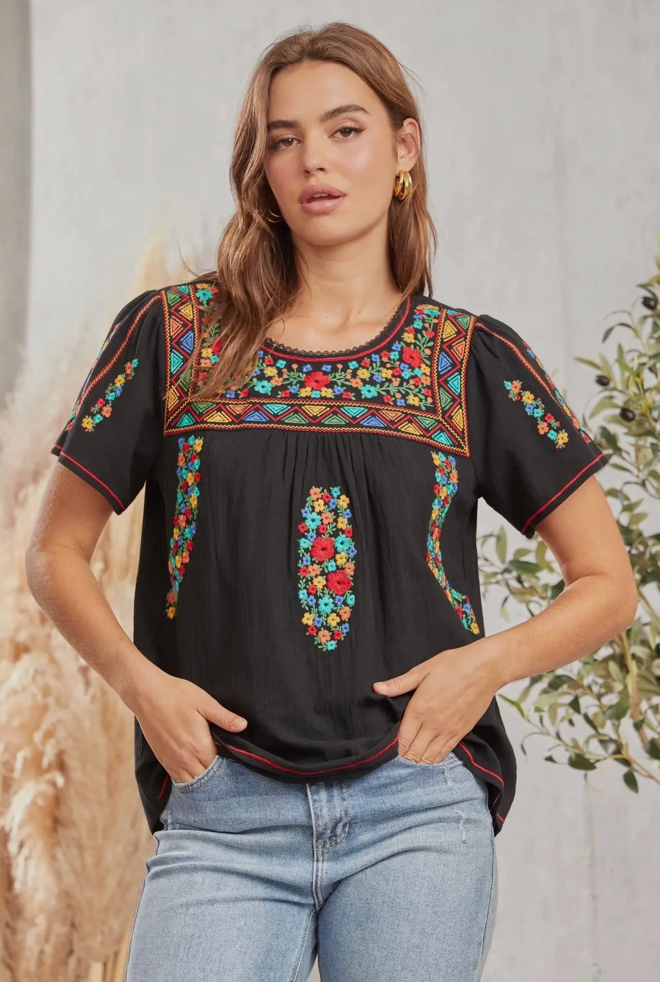 Andree Black Embroidered Tunic Top