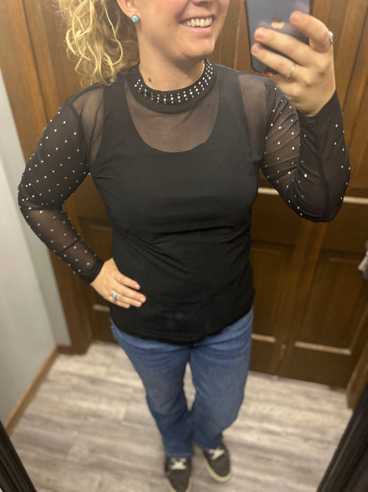 Black Mesh Top with Rhinestones