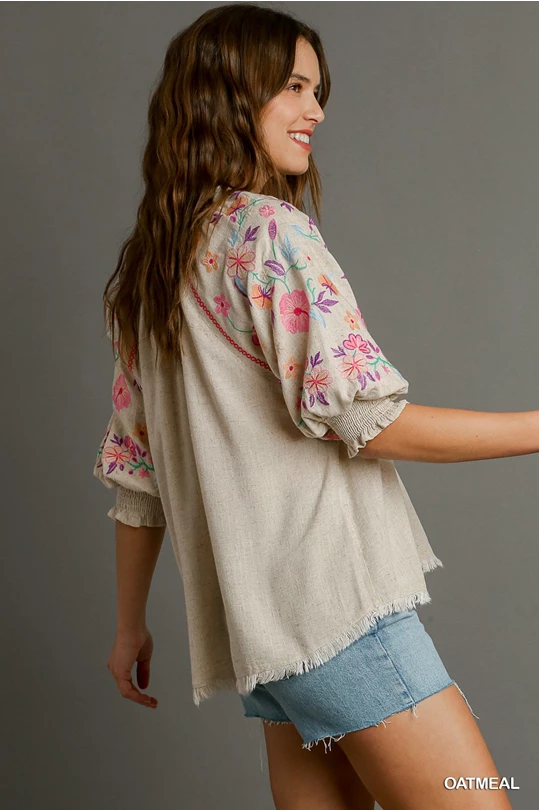 Umgee Linen Split Neck Mid Button Down Top with Embroidered Sleeves