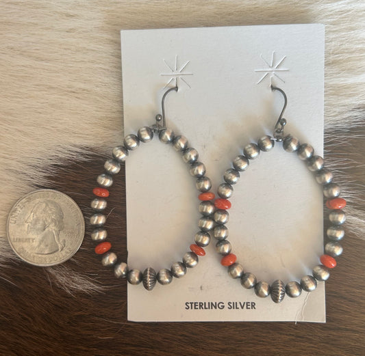 Authentic Red Coral & Navajo Pearl Hoop Earrings