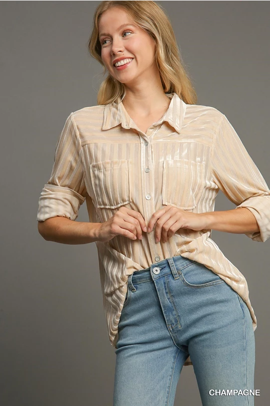 Umgee Champagne Metallic & Striped Collared Top