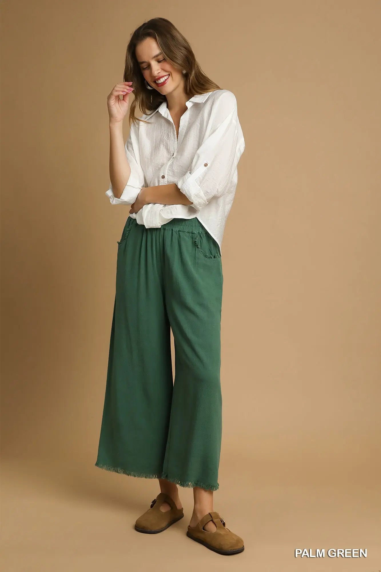 Umgee Palm Green Linen Wide Leg Pants